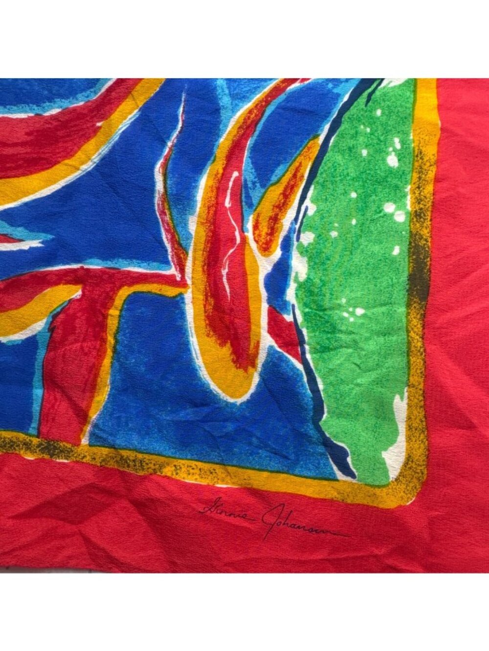 Vintage Ginnie Johansen Scarf Red Silk Lotus Flower Koi Fish Floral Square Artsy - Picture 5 of 10